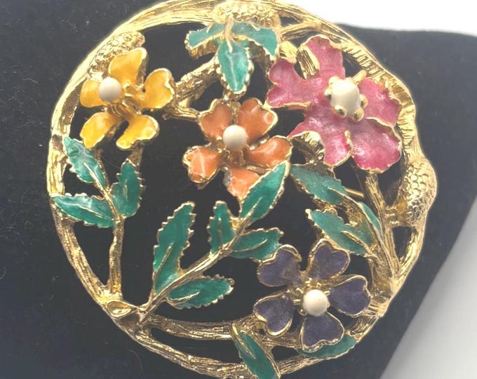 Catherine Popesco Flower Enamel Pin and Gold Floral Brooch, Lover Antiques and Vintage