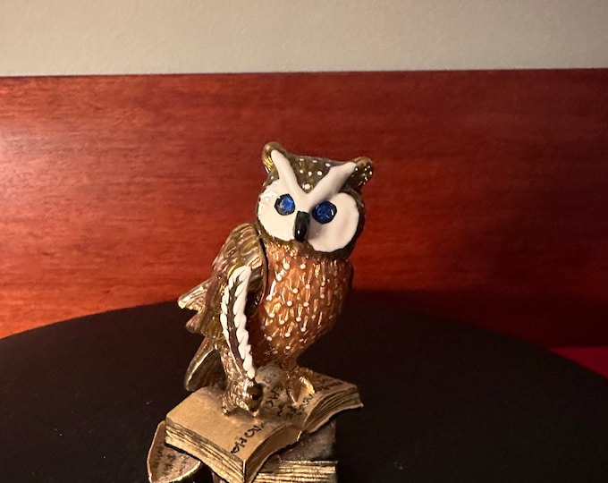 Vintage Enameled Owl Trinket Box on Books, Owl Trinket Box, Unique Owl Collection, Lover Antiques and Vintage