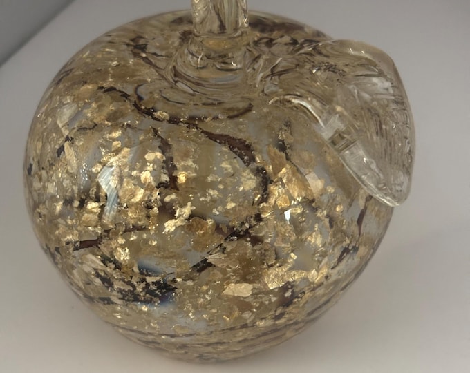 Murano Glass Apple Figurine with Gold Flecks and Black Swirls 3 Inch Vintage Decor