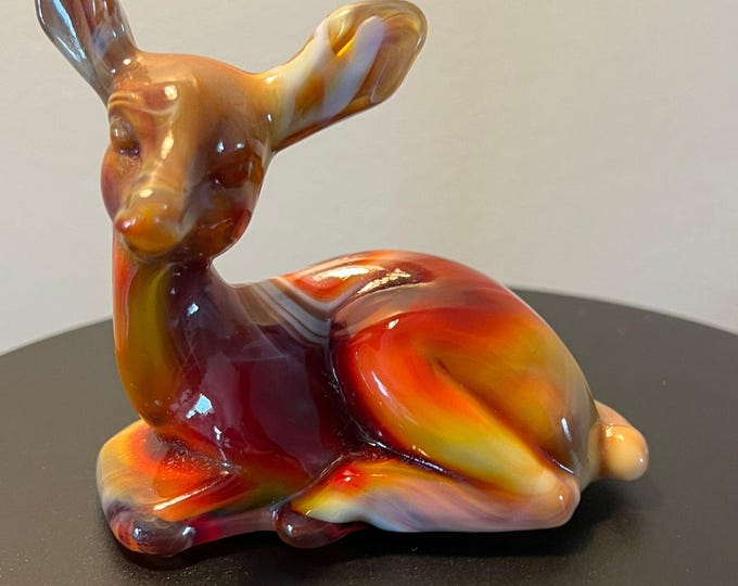 Vintage Fenton Fawn Deer Ruby Marble 1984 Special Order Satin Glass Art