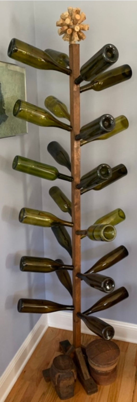 Antique Tiger Oak Wood Early Primitive Wooden Wine Rack, Bottle