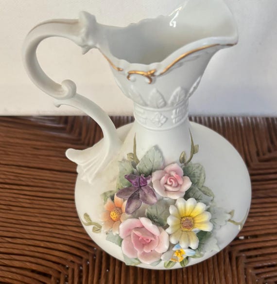 Vintage Lefton Hand Painted Porcelain Pitcher With Handle