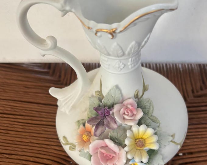 Vintage Lefton Hand Painted Porcelain Pitcher with Handle Capodimonte Figurine Numbered KW4196 Lover Antiques and Vintage