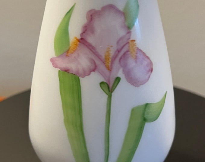Vintage Fenton Iris on Bone White Milk Glass Vase #7542 Hand Painted by K. Brunny Art Glass Lover Antiques and Vintage