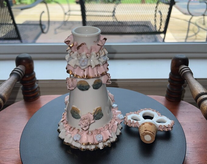 Vintage Thames Hand Painted Roses Perfume Bottle Ceramic Frilly Lace Lover Antiques and Vintage