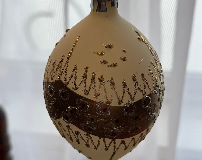 Vintage Glass Christmas Holiday Ornaments ornament glitter gold oval cream Lover Antiques and Vintage