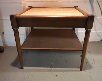 Vintage Italy Travertine Tile Teak Wood Side Table End Table, Italian Marble, Lover Antiques and Vintage