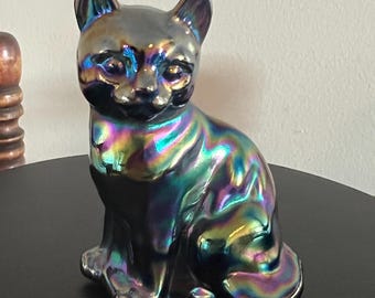Vintage Fenton Carnival Glass Cat: Iridescent Matte Finish