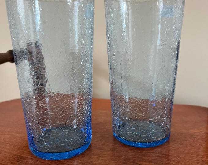 Vintage Blue Crackle Glass Cup Set of 2 Art Blue Art Glasses Tall Glasses Lover Antiques and Vintage