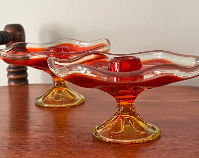 Vintage Viking Persimmon 6 Petal Amberina Pair of Candle Holders Pedestal Candlestick Holders Dish Lover Antiques and Vintage