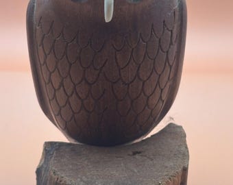 Hand Carved Wooden Owl Figurine, Owl on a Wood Perch, Lover Antiques and Vintage