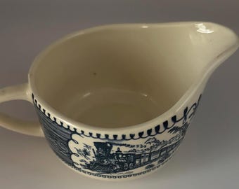 Vintage Currier & Ives Blue and White Creamer Mini Pitcher Lover Antiques and Vintage