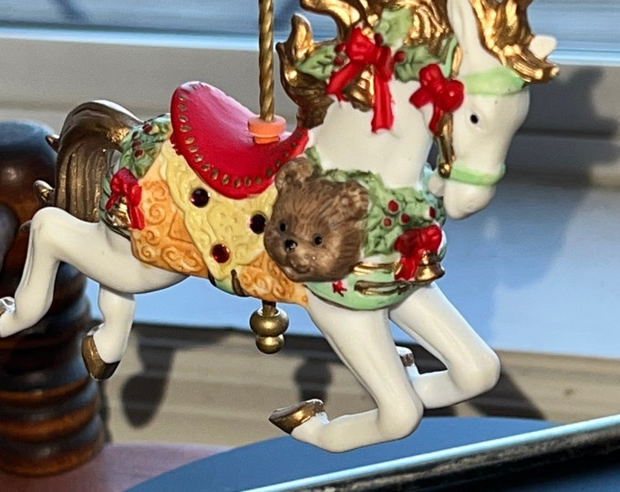 Vintage Porcelain Carousel White with Red Seat Horse Ornament Christmas Gift Holiday Ornaments