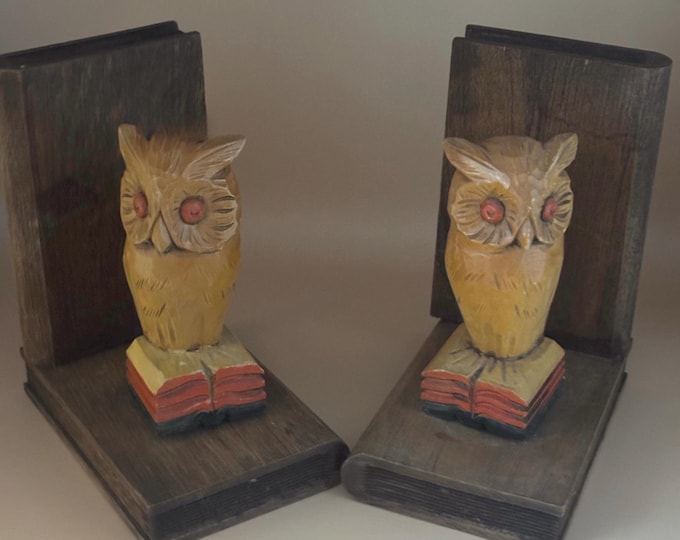 Antique Hand Carved Pair of Owl Book Ends Lover Antiques and Vintage