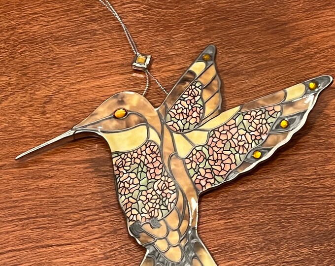 Vintage Yellow Orange Hummingbird Stained Glass Art Sun Catcher pink bird ornament Bradford Exchange Garden Jewels Ornament Bird