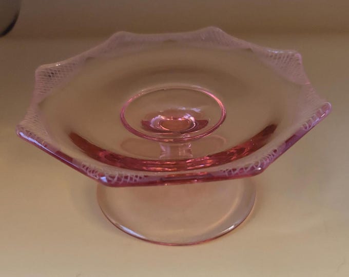Pink Depression Glass Pedestal Candy Dish, Etched Edges Dessert Bowl