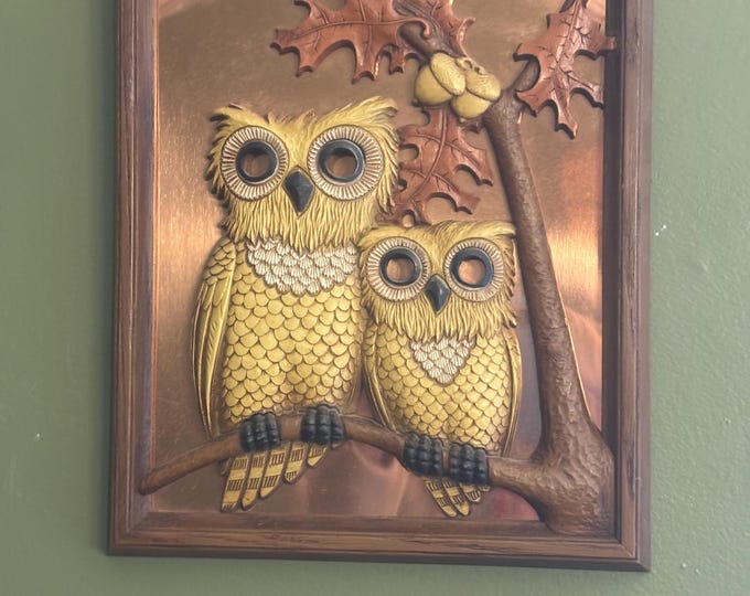 Two Owls Perched on Branch Copper Wall Hanging, 3D Artwork, Lover Antiques and Vintage