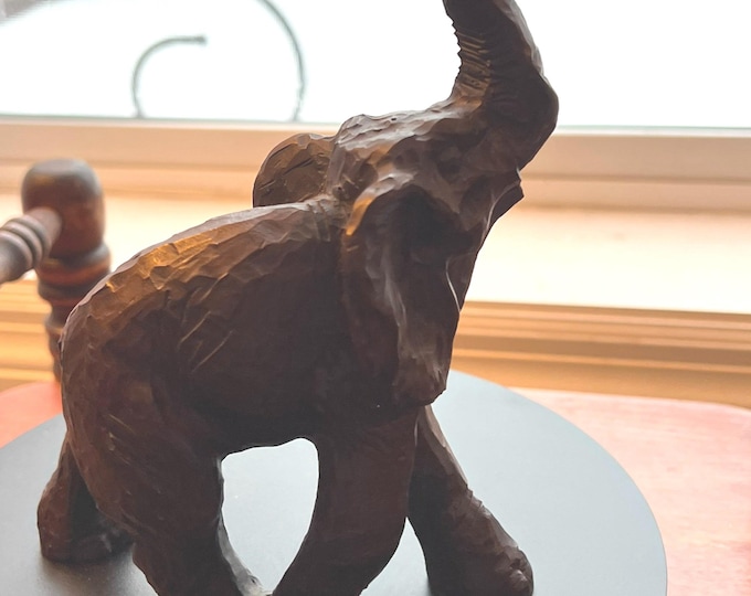 Vintage Carved Wood Elephant with its trunk up lucky elephants gifts Lover Antiques and Vintage