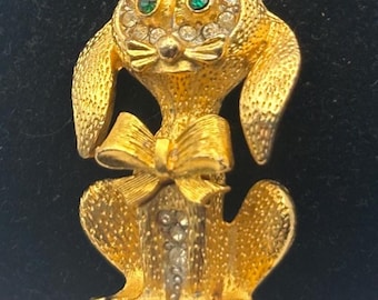 Gold Puppy with Green Rhinestone Eyes Pin, Dog with Bow Brooch, Signed SAO