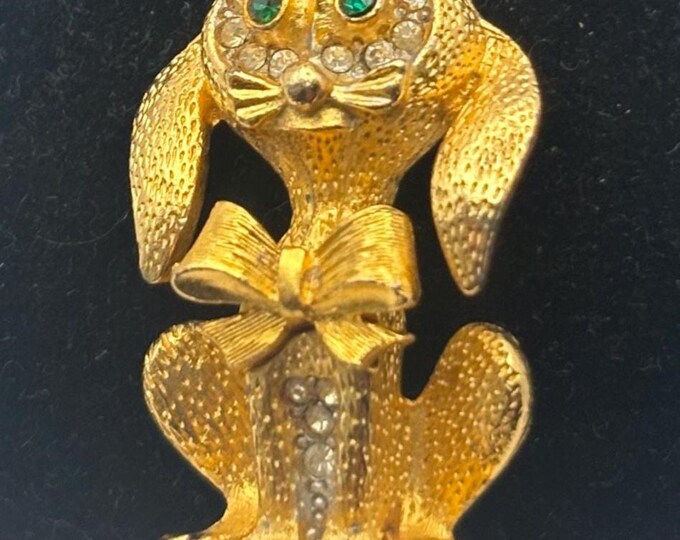 Gold Puppy with Green Rhinestone Eyes Pin, Dog with Bow Brooch, Signed SAO