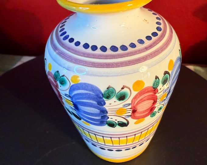 Vintage Modra Slovak Folk Art Mini Vase: Hand-Painted Majolika Pottery, 3 Inch Cream Yellow Blue
