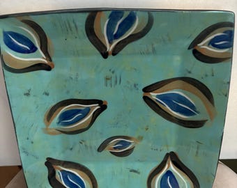 Vintage Green and Blue Square Tray Signed Gail Cohen Ceramic Large Tray Lover Antiques and Vintage