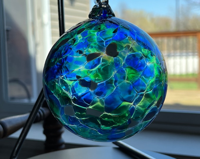 Vintage Blue Stained Glass Ball Blown Glass Orb Ornament Glass Art Mid Century Modern Ornaments Christmas Holiday Lover Antiques and Vintage