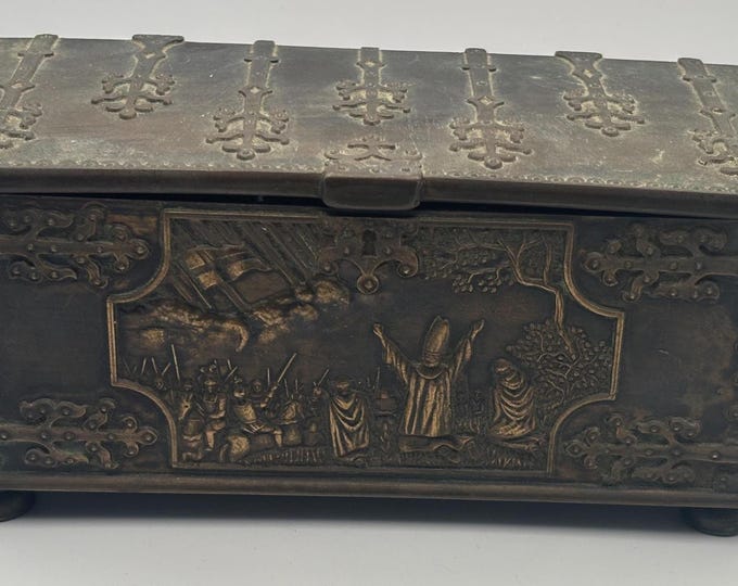 Antique Bronze Trinket Box with Wood Interior Casket Box Made in Denmark Depicting the Battle of Lyndanisse Danes Estonians