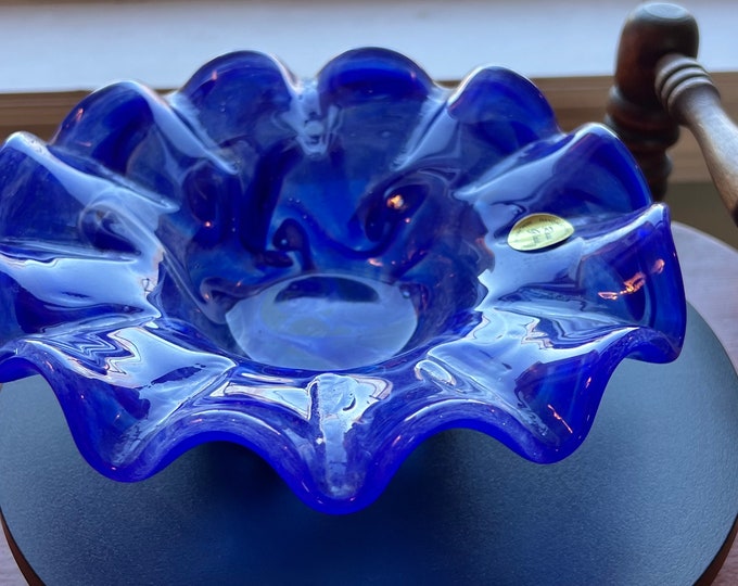 Vintage Rossi Blue Slag Bowl, Ruffled Blue Dish, Blue Glass Container, Glass Art, Lover Antiques and Vintage