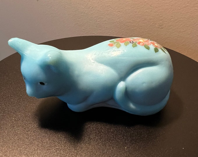Vintage Mosser Blue Cat Hand Painted by Sara Glass Art Cats Lover Antiques and Vintage