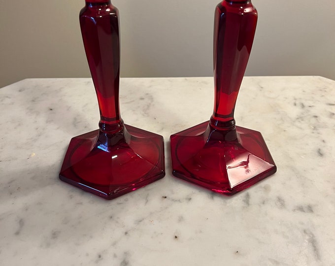 Vintage Fenton Ruby Red Pair of Candleholders Candlestick Holders Lover Antiques and Vintage