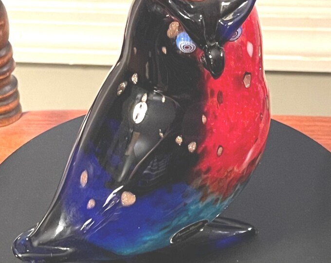 Vintage Murano Owl, signed by Franco Moretti Blue Red and Gold Sculpture, Owl Figurine, Art Glass, Lover Antiques and Vintage