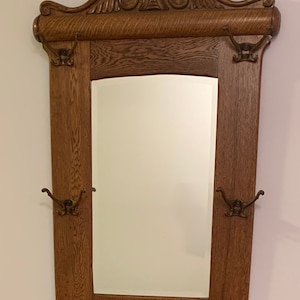 Antique Victorian Tiger Oak Hall Tree Mirror with Coat Hooks