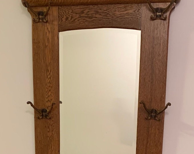 Antique Victorian Oak Hall Tree Mirror Wall Mirror Entryway Coat Hook Tiger Oak Lover Antiques and Vintage