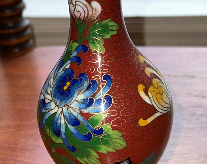 Vintage Cloisonné Vase brass and painted enamel 6” Red Green Blue Pink Flowers Lover Antiques and Vintage