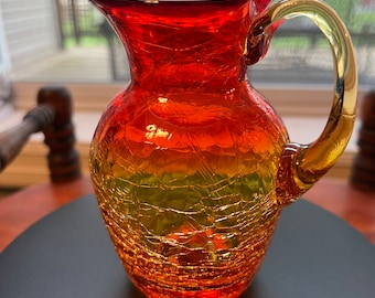 Vintage Crackle Amber Art Glass  Colored Pitcher with handle orange red glass Artwork