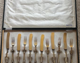 Antique Silver & Gold Utensils, L Freed of Germany, Includes Original Case 6 Forks and Knives