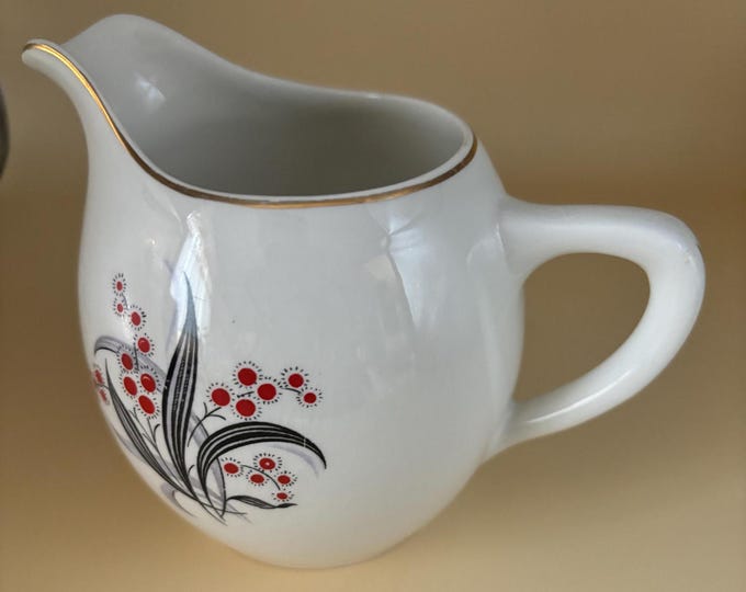 Vintage Wedgwood & CO.LTD. Creamer Made in England Porcelain Gray Black Leaves Red Dot Floral with gold gild trim Lover Antiques and Vintage