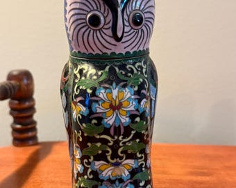 Vintage Cloisonné Brass Enameled Tall Standing Owl Statue Colorful Enameled Owl Figurine Lover Antiques and Vintage