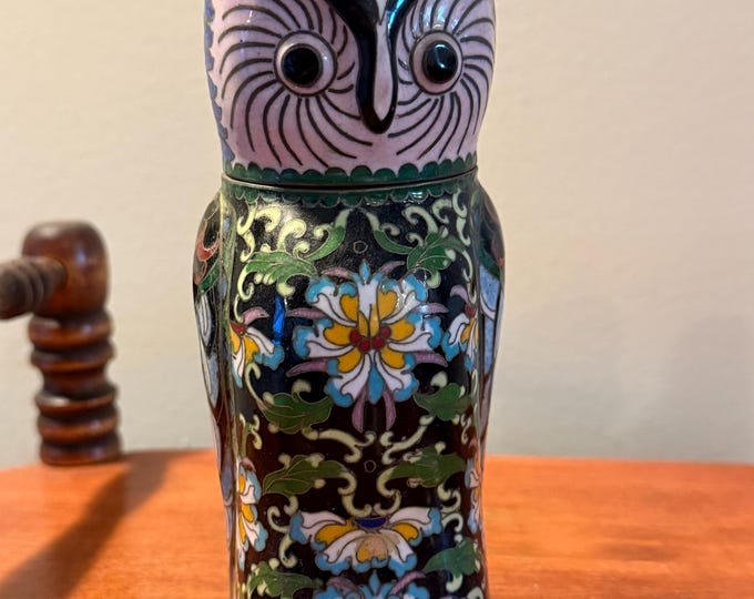Vintage Cloisonné Brass Enameled Tall Standing Owl Statue Colorful Enameled Owl Figurine Lover Antiques and Vintage