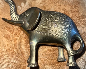 Vintage Brass Elephant Figurine with Trunk Up, Mid Century Modern Animal Decor, Unique Gift for Her or Him