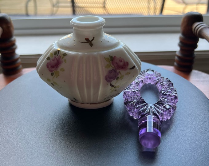 Vintage Fenton Charleton Perfume Bottle with Etched Stopper Hand Painted by L. Everson Ruffled Vase Lover Antiques and Vintage