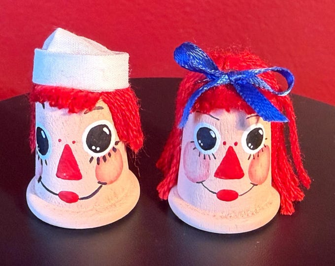 Vintage Raggedy Ann & Andy Wooden Sewing Thimbles 3D Handcrafted by Artist Janet Pitts