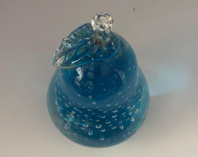Vintage Aqua Glass Pear Bullicante with Controlled Bubbles 4.5 Inch Hand Blown Paperweight