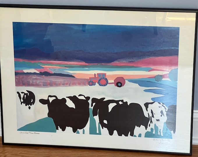 Vintage Woody Jackson 1990 Summer Time Blues Signed & Framed Cow Print Abstract Ben and Jerry artwork art Lover Antiques and Vintage