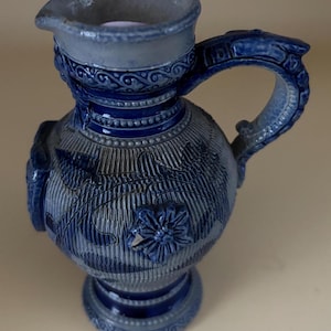 Antique Westerwald Salt Glazed Cobalt Blue Pottery Pitcher Jug Lover Antiques and Vintage