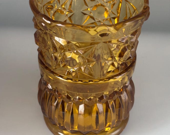 Antique Richards and Hartley Daisy Button Crossbar Mikado Amber Glass Vase Cup, Toothpick Holder, Lover Antiques and Vintage