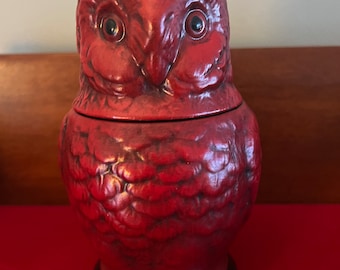 Vintage Red Ceramic Owl Jar: Removable Head Trinket Dish