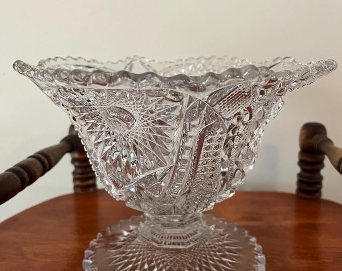 Antique Imperial Glass Nucut Footed Compote | Vintage Crystal Sawtooth Cut Glass Lover Gift | American Brilliant Pressed Crystal Crystalware