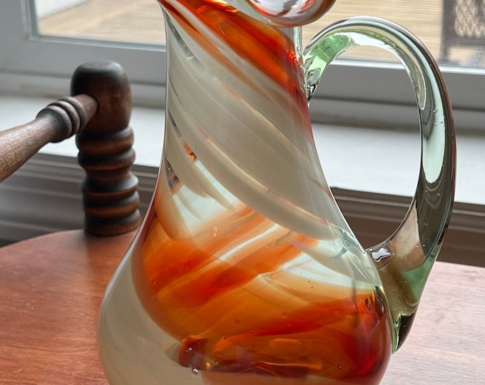 Vintage Amber Swirl Art Glass Pitcher with Artistic Handle Lover Antiques and Vintage